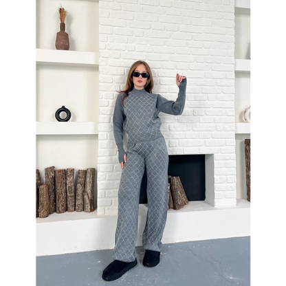 Yarım Boğazlı Taş İşlemeli İkili Set Gri