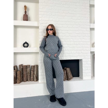 Yarım Boğazlı Taş İşlemeli İkili Set Gri