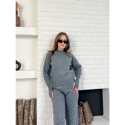 Yarım Boğazlı Taş İşlemeli İkili Set Gri