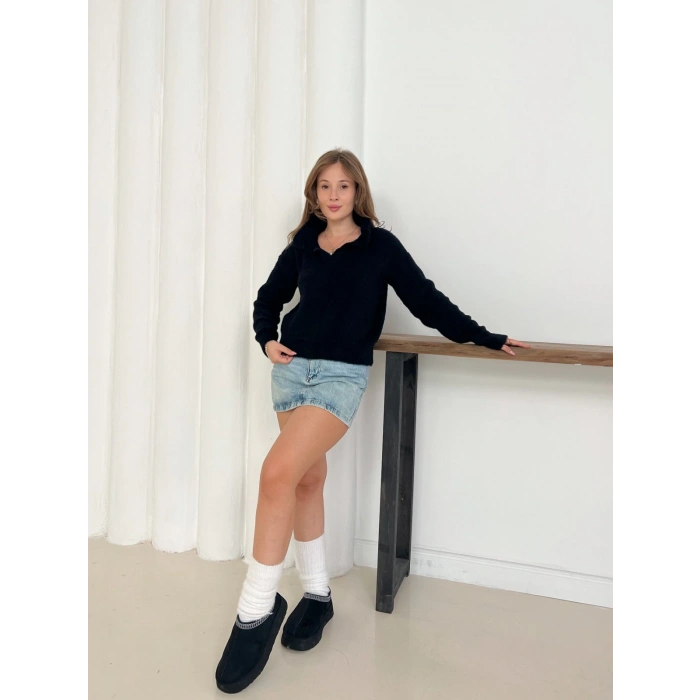 Yumoş Kumaş Yakalı Kazak Siyah