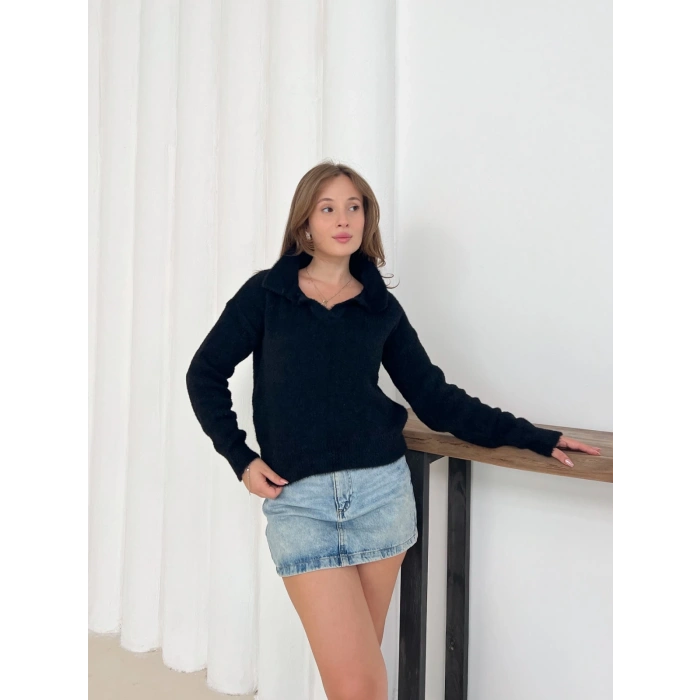 Yumoş Kumaş Yakalı Kazak Siyah