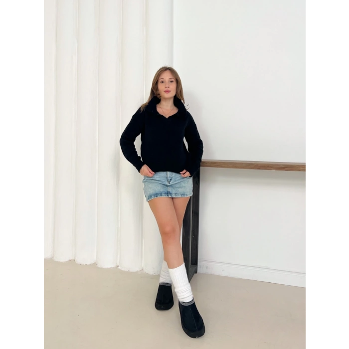 Yumoş Kumaş Yakalı Kazak Siyah