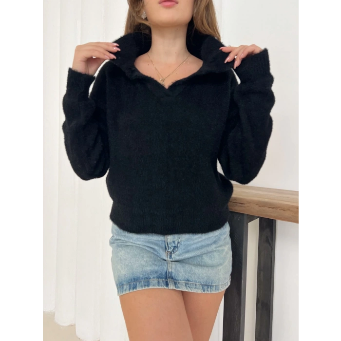 Yumoş Kumaş Yakalı Kazak Siyah