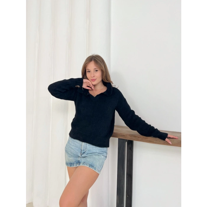 Yumoş Kumaş Yakalı Kazak Siyah