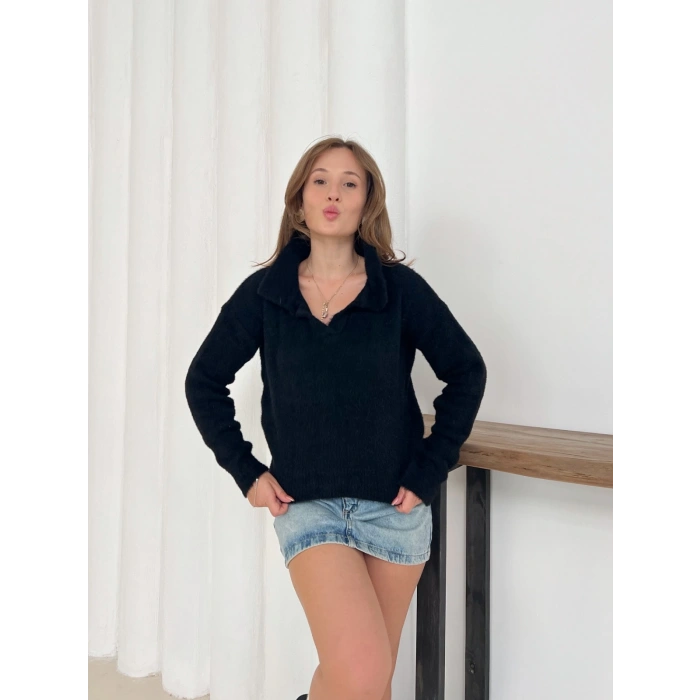 Yumoş Kumaş Yakalı Kazak Siyah